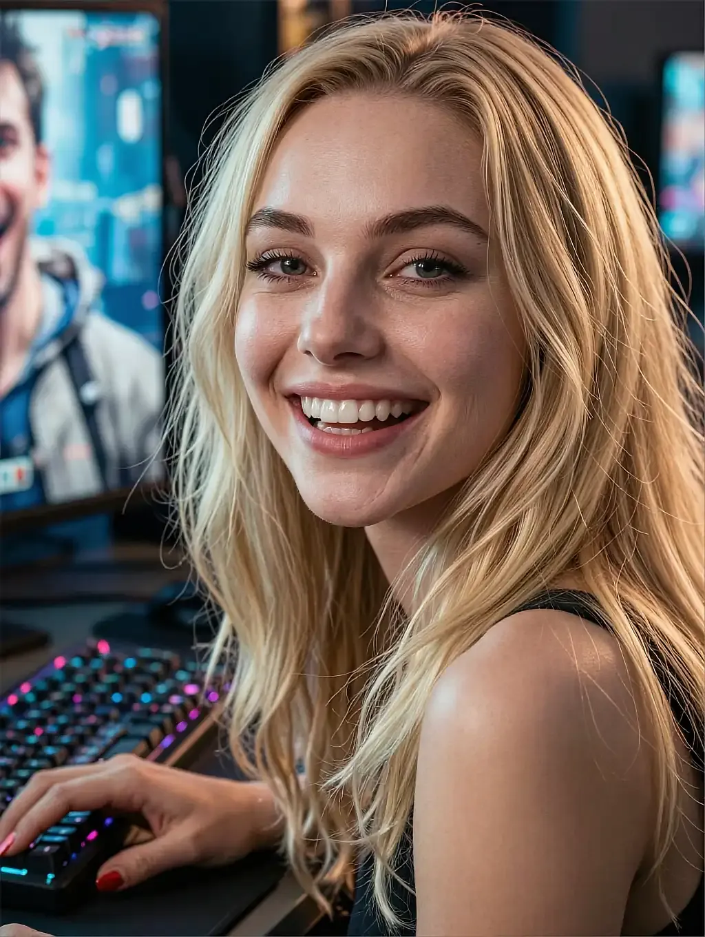 Fictional AI character featured on the third landing page, in a doorway